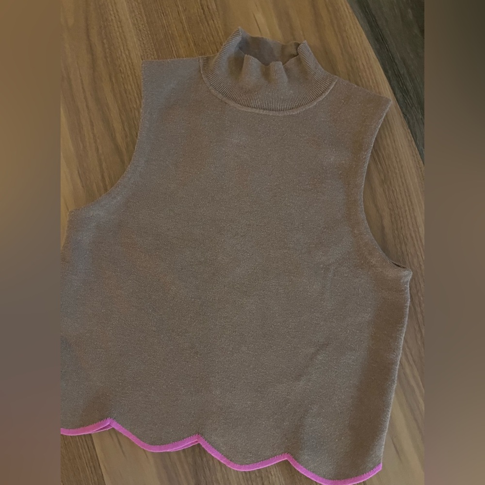 Maeve Brown Sleeveless Mock Neck Tank with Pink Scalloped Hem